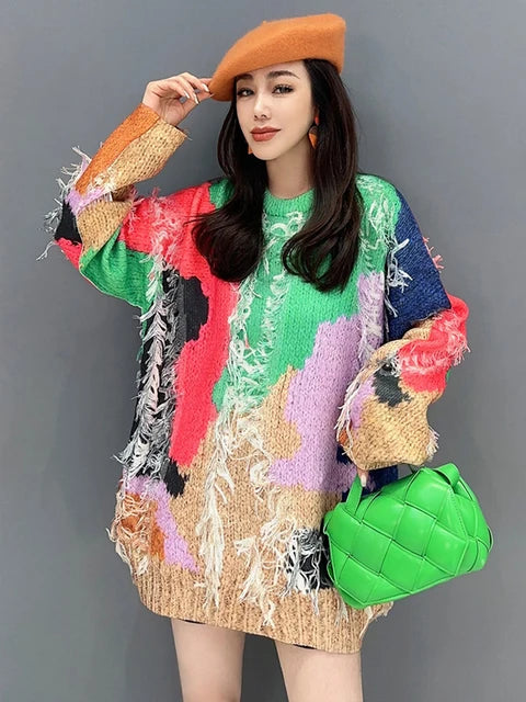 Contrast Color Sweater For Women Tassel Spliced Niche Design Chic O-neck Knit Pullover Spring New Trendy