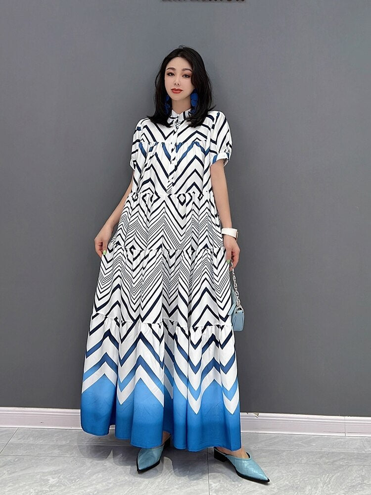 XITAO Print Pattern Dress Fashion Half Sleeve Goddess Fan Pullover Long Pleated Goddess Fan 2022 Summer Minority Dress WMD6806