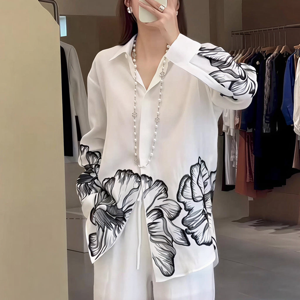 Style Elegant Ink Print Loose Casual Design Long Sleeve Shirt Top
