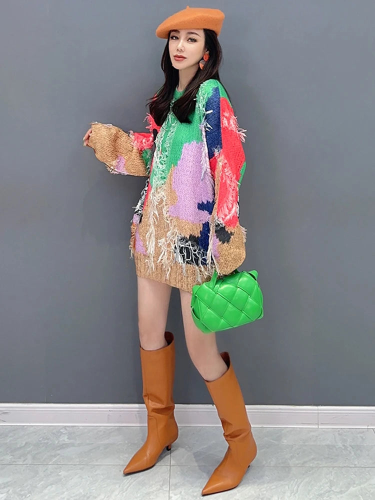 Contrast Color Sweater For Women Tassel Spliced Niche Design Chic O-neck Knit Pullover Spring New Trendy