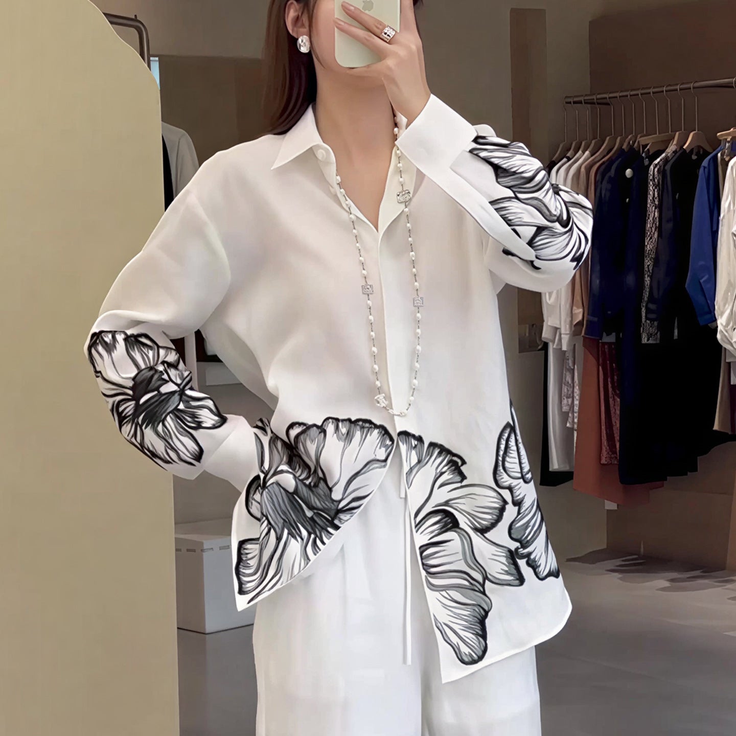 Style Elegant Ink Print Loose Casual Design Long Sleeve Shirt Top