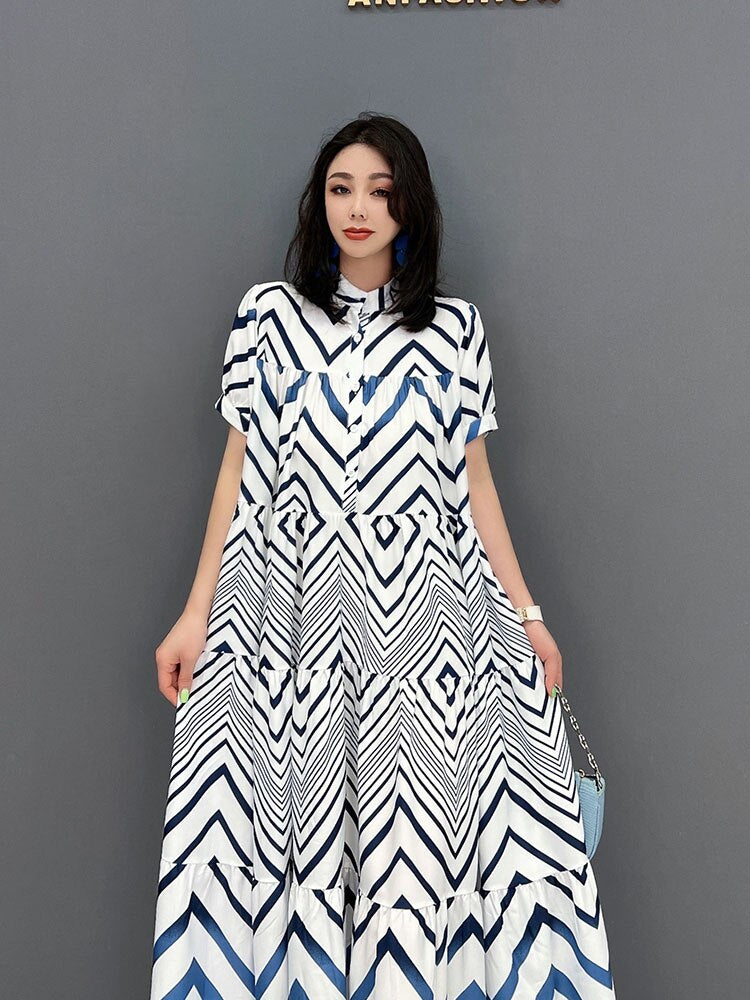 XITAO Print Pattern Dress Fashion Half Sleeve Goddess Fan Pullover Long Pleated Goddess Fan 2022 Summer Minority Dress WMD6806