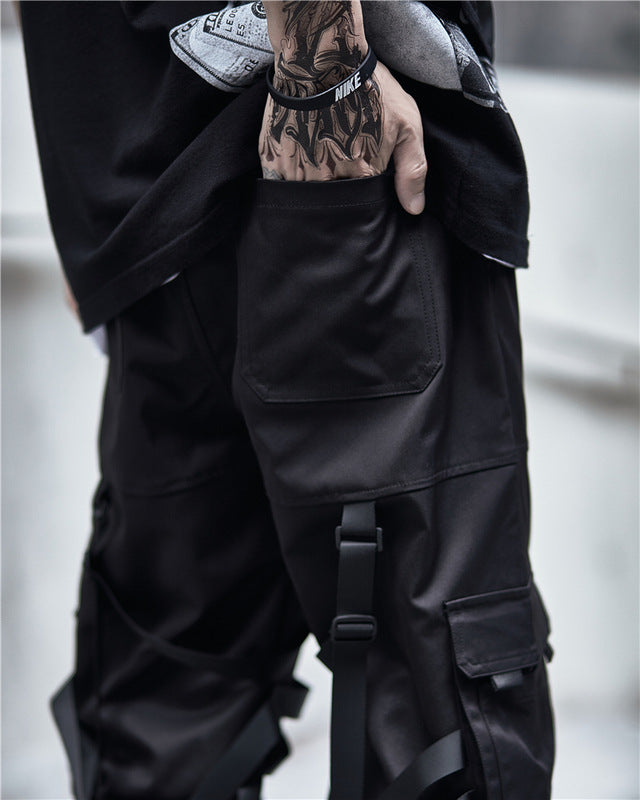 China Chic Diablo Functional Windwork Pants Men Fashion Brand Loose Fashion Parachutist Tactical Multi Pocket Strap Leggings