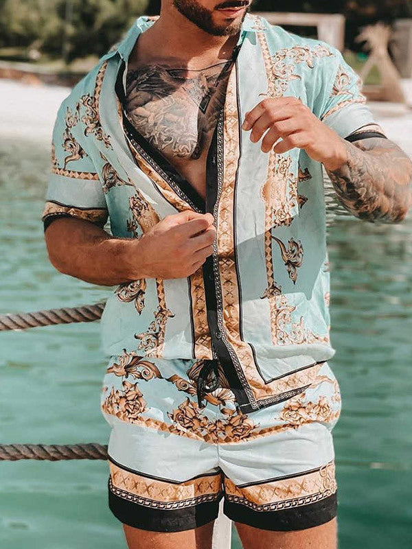 Casual loose print two-piece shirt beach suit for men