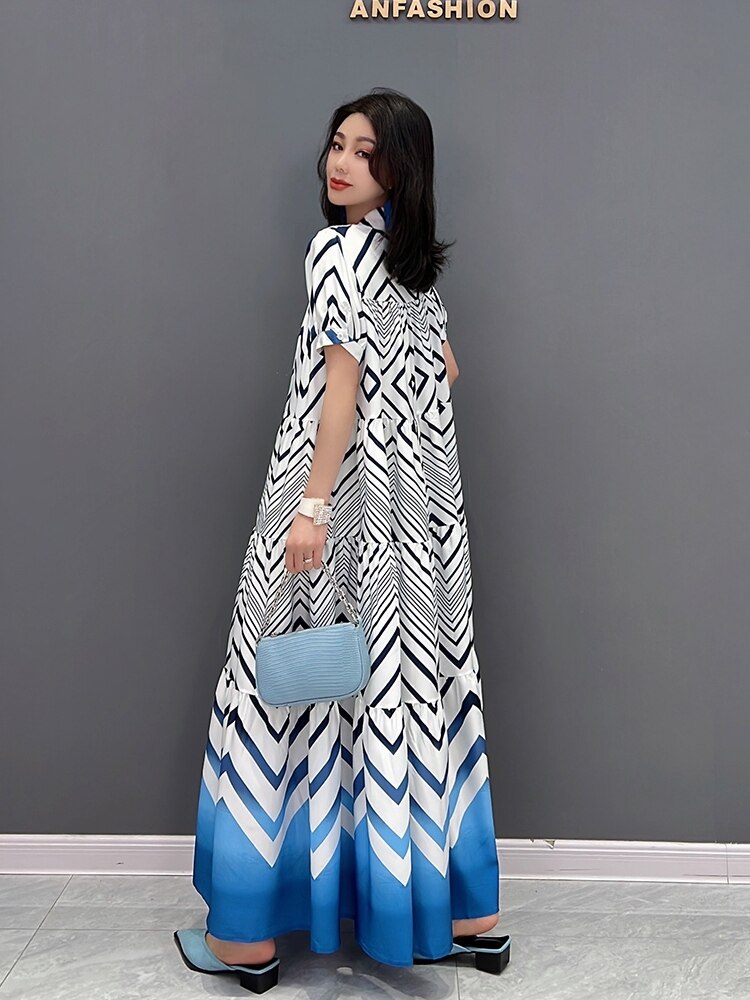 XITAO Print Pattern Dress Fashion Half Sleeve Goddess Fan Pullover Long Pleated Goddess Fan 2022 Summer Minority Dress WMD6806