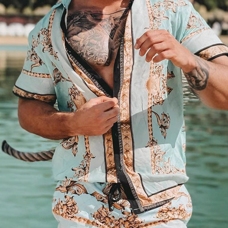 Casual loose print two-piece shirt beach suit for men