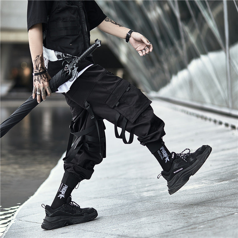 China Chic Diablo Functional Windwork Pants Men Fashion Brand Loose Fashion Parachutist Tactical Multi Pocket Strap Leggings