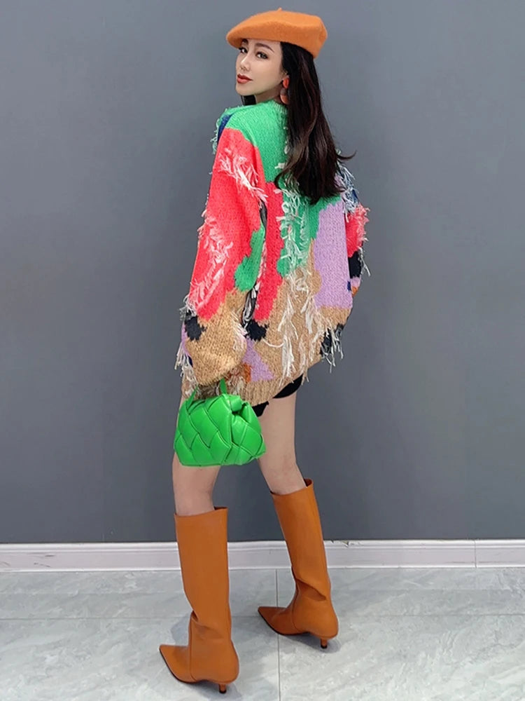 Contrast Color Sweater For Women Tassel Spliced Niche Design Chic O-neck Knit Pullover Spring New Trendy