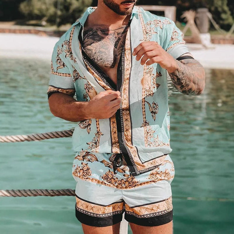 Casual loose print two-piece shirt beach suit for men