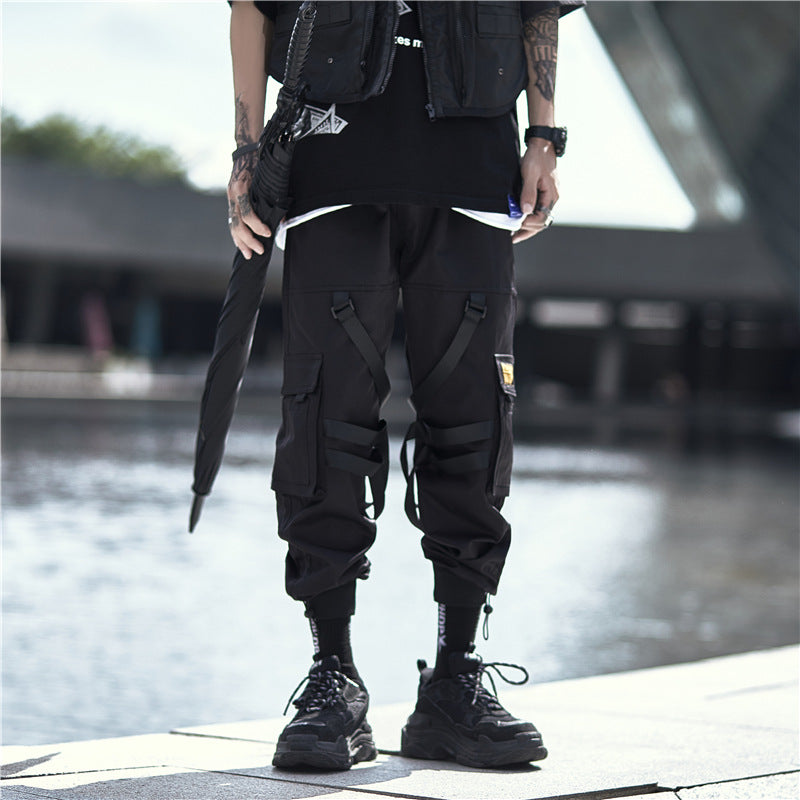 China Chic Diablo Functional Windwork Pants Men Fashion Brand Loose Fashion Parachutist Tactical Multi Pocket Strap Leggings