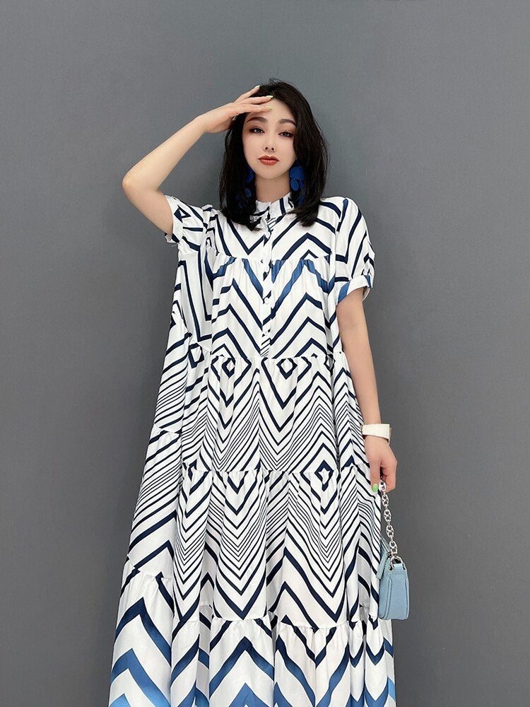 XITAO Print Pattern Dress Fashion Half Sleeve Goddess Fan Pullover Long Pleated Goddess Fan 2022 Summer Minority Dress WMD6806