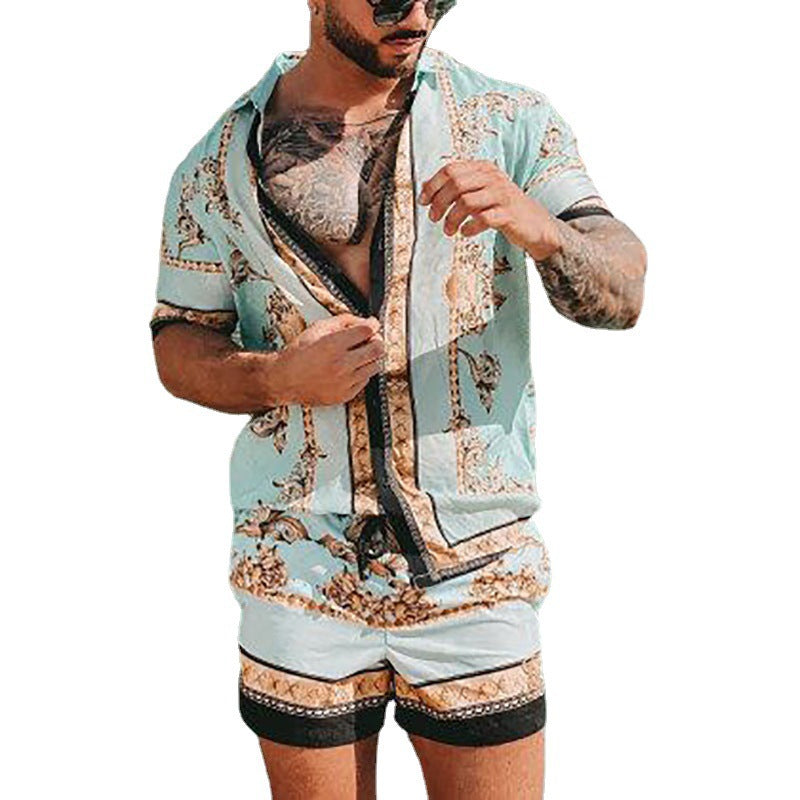 Casual loose print two-piece shirt beach suit for men