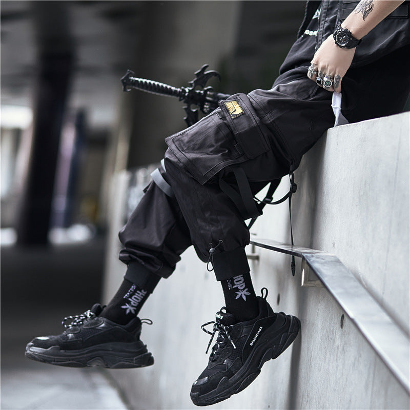 China Chic Diablo Functional Windwork Pants Men Fashion Brand Loose Fashion Parachutist Tactical Multi Pocket Strap Leggings