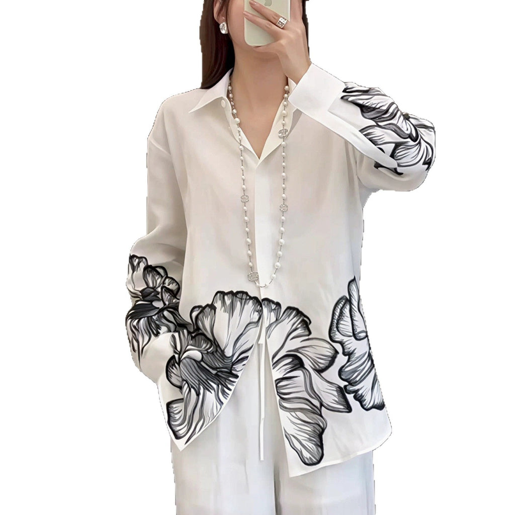 Style Elegant Ink Print Loose Casual Design Long Sleeve Shirt Top