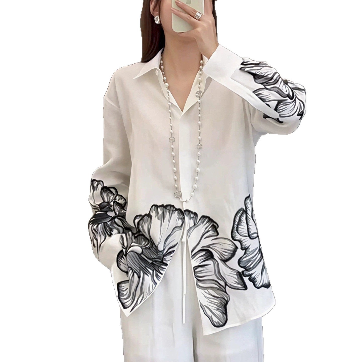 Style Elegant Ink Print Loose Casual Design Long Sleeve Shirt Top