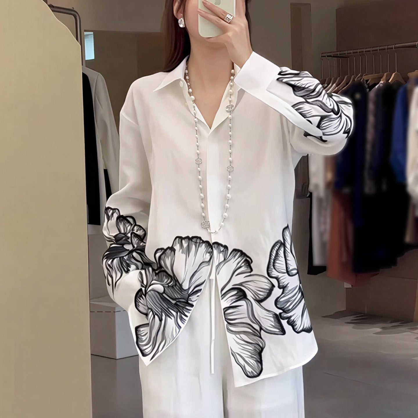 Style Elegant Ink Print Loose Casual Design Long Sleeve Shirt Top