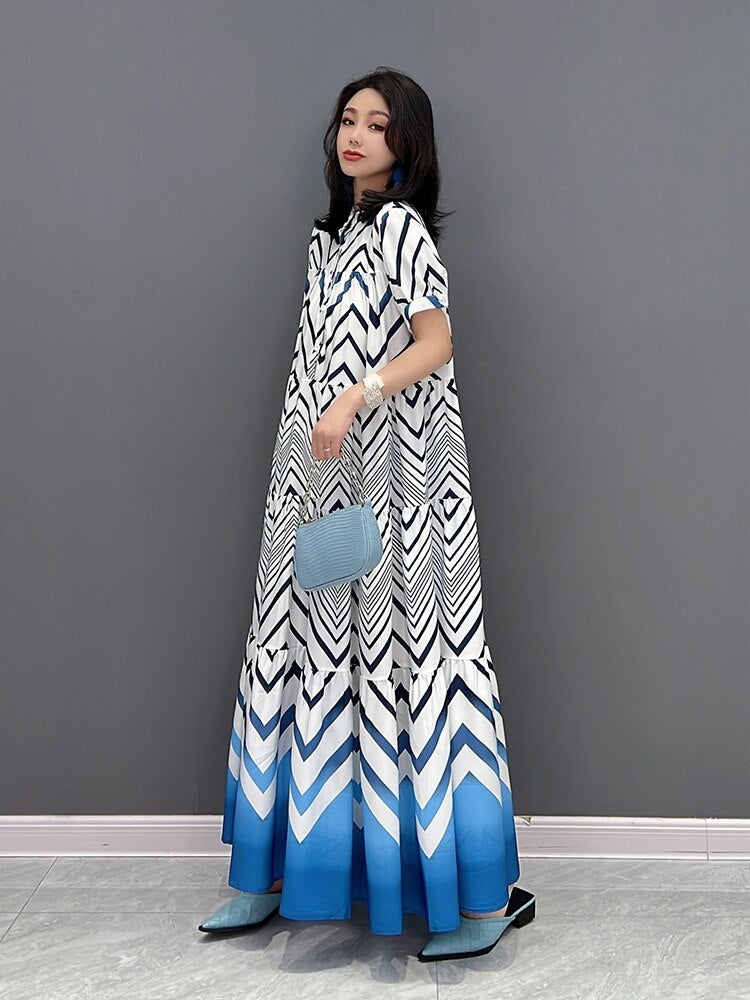 XITAO Print Pattern Dress Fashion Half Sleeve Goddess Fan Pullover Long Pleated Goddess Fan 2022 Summer Minority Dress WMD6806