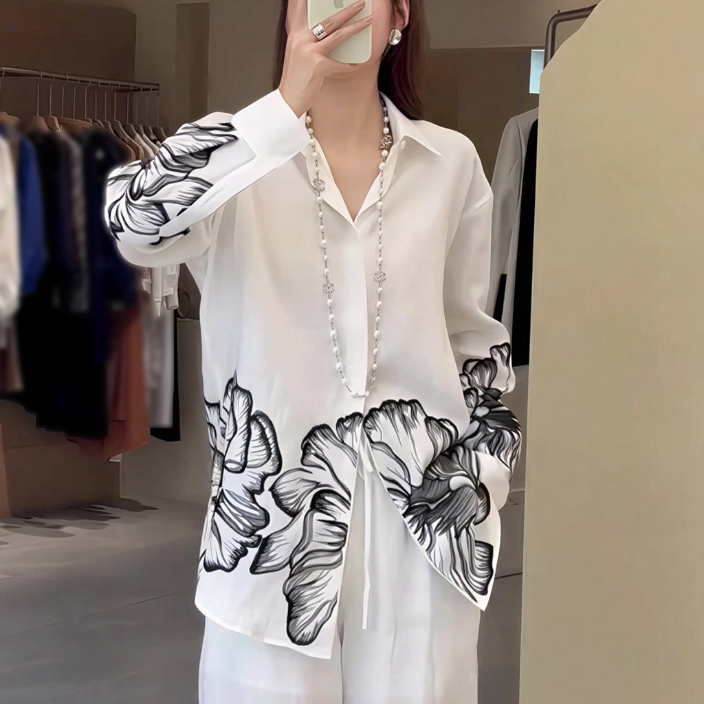Style Elegant Ink Print Loose Casual Design Long Sleeve Shirt Top